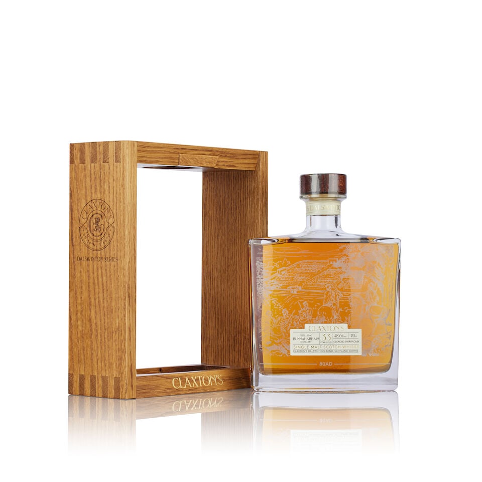 Bunnahabhain 33 Year Claxton's Dalswinton Series, 2nd Edition (1x 70cl): Bunnahabhain 33 Year Claxton's Dalswinton Series, 2nd Edition (1x 70cl) Region: Islay, single malt Fill Level: filled to 70cl Capsule: good condition Label: engraved labelling Packaging: in original p