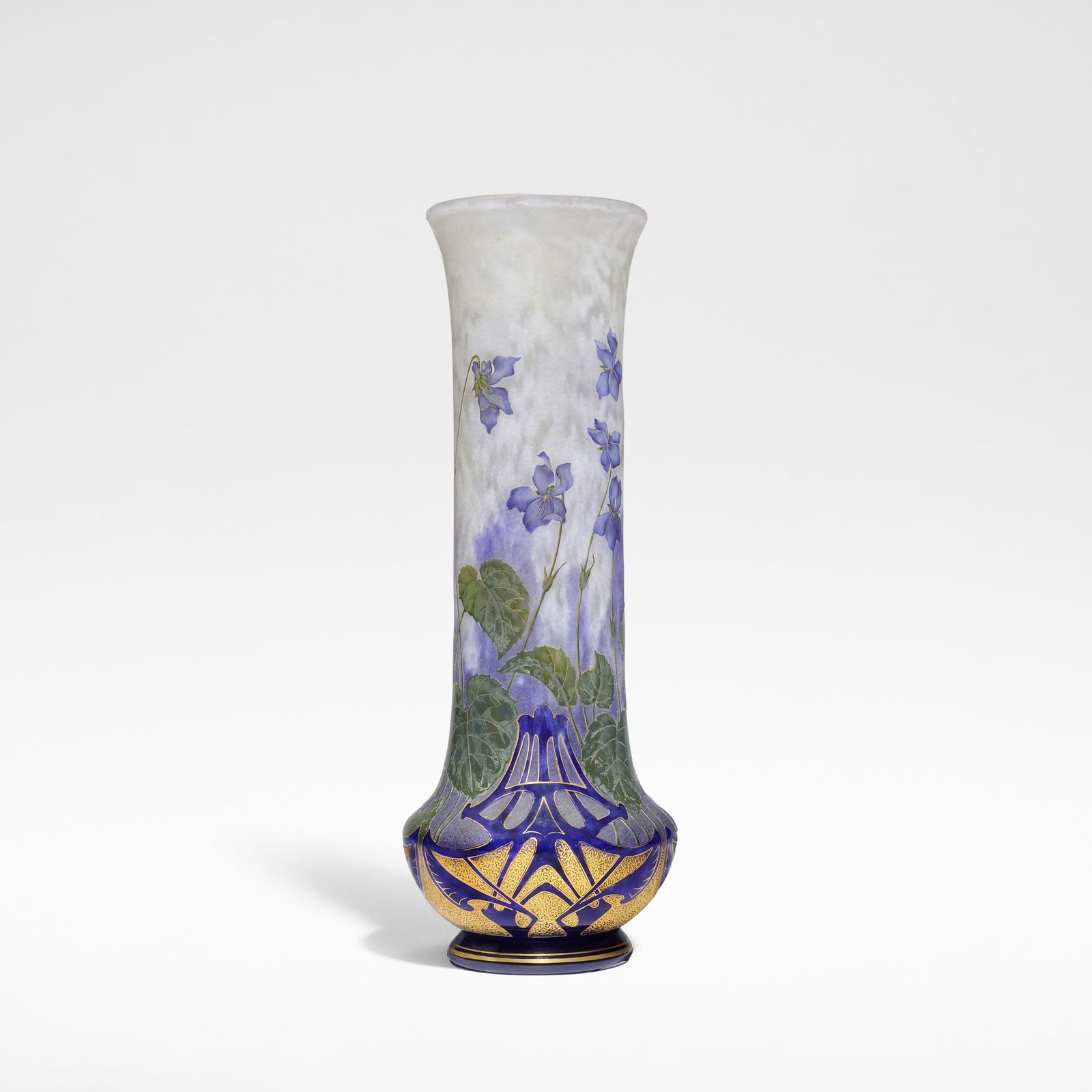 DAUM Nancy 'Violettes' vase, circa 1905: DAUM Nancy 'Violettes' vase, circa 1905 Mould-blown glass, acid etched and enamelled decoration, with gilt details. 35.5 cm high, 13.5 cm diameter Signed in gilt to the base Daum and with the Croix de