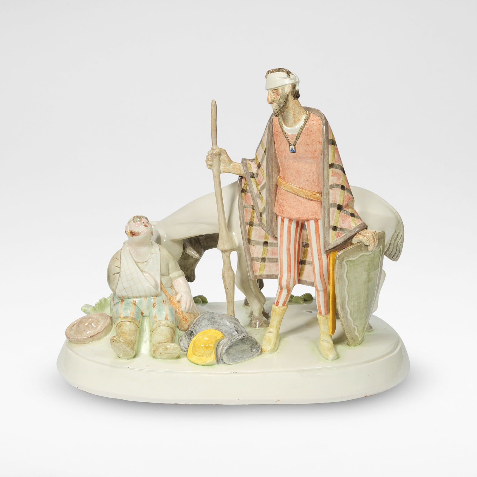 Giovanni Grande for Lenci 'Don Chisciotte e Sancho Pancia' sculpture, circa 1929: Giovanni Grande for Lenci 'Don Chisciotte e Sancho Pancia' sculpture, circa 1929 Glazed earthenware, modelled as Don Quixote, Sancho Panza and their donkeys. 53 cm high, 65 cm wide, 34 cm deep Incised