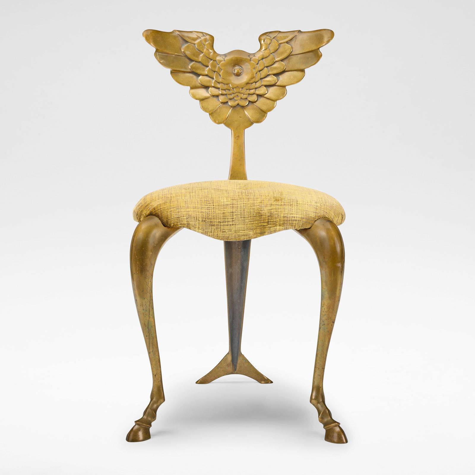 Mark Brazier-Jones 'Pegasus', side chair, designed 1994, produced 1998: Mark Brazier-Jones 'Pegasus', side chair, designed 1994, produced 1998 Patinated bronze, fabric upholstery. 82.5 cm high, 47.5 cm wide, 53 cm deep Number 28 from the edition of 100. One leg incised 28