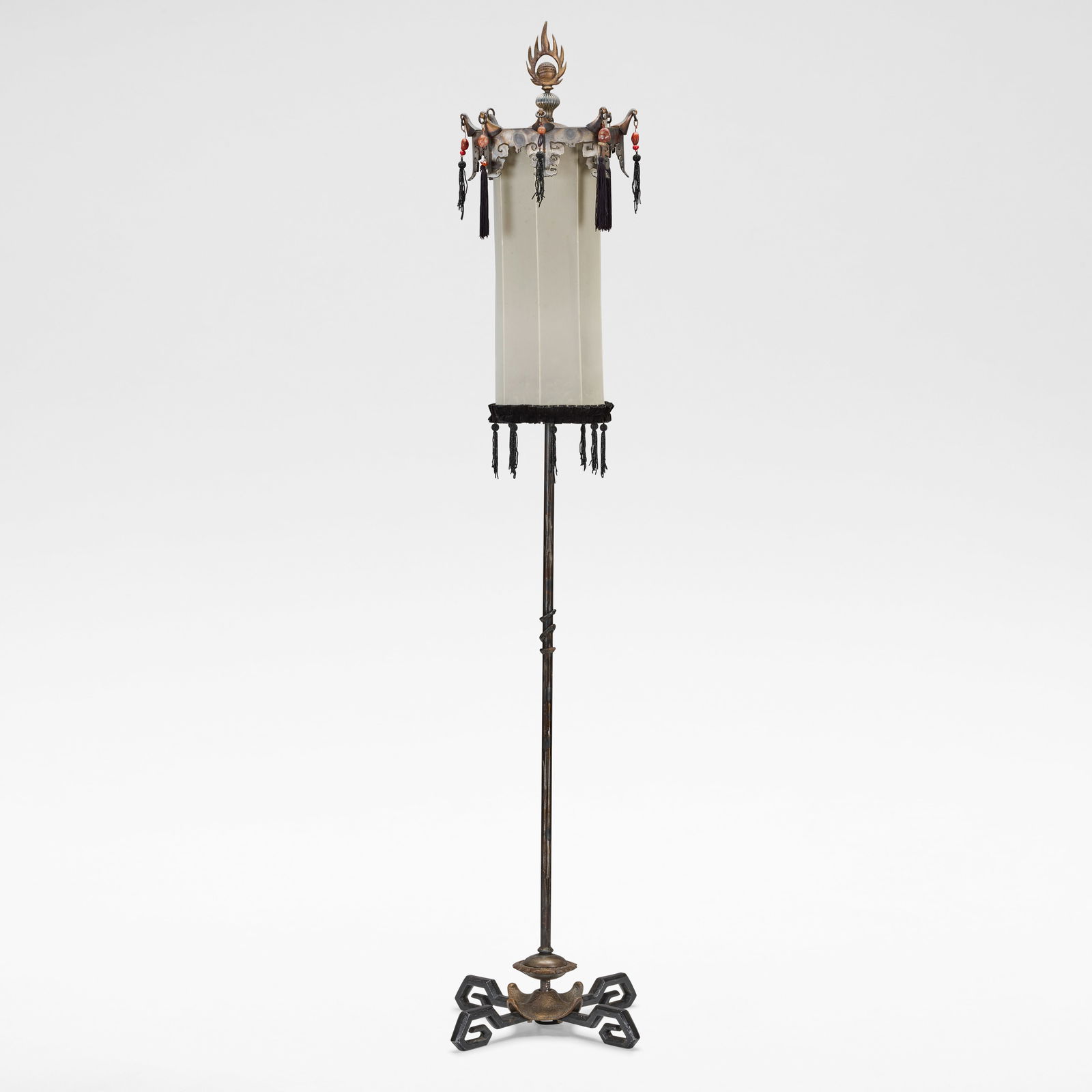 Mark Brazier-Jones 'Ting' lantern, designed 1995: Mark Brazier-Jones 'Ting' lantern, designed 1995 Patinated bronze and iron, with a waisted cylindrical shade with a velvet fringe, surmounted by a steel cornice with beadwork and a flame finial. 204 c