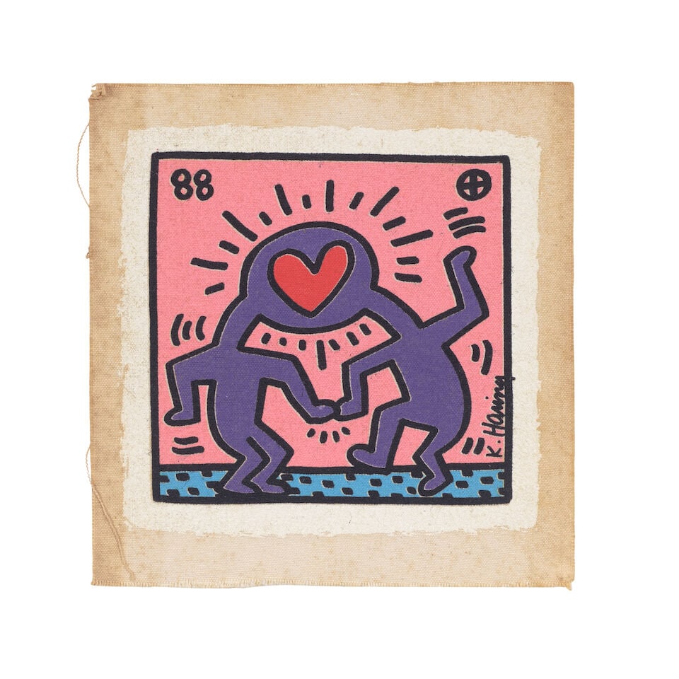 Keith Haring (1958-1990); Untitled (Wedding Invitation);: Keith Haring (1958-1990) Untitled (Wedding Invitation) (Littmann p. 92), 1988 Screenprint in colors on canvas, unnumbered, Littman cites an edition of 20 (other examples are from an edition of 125),