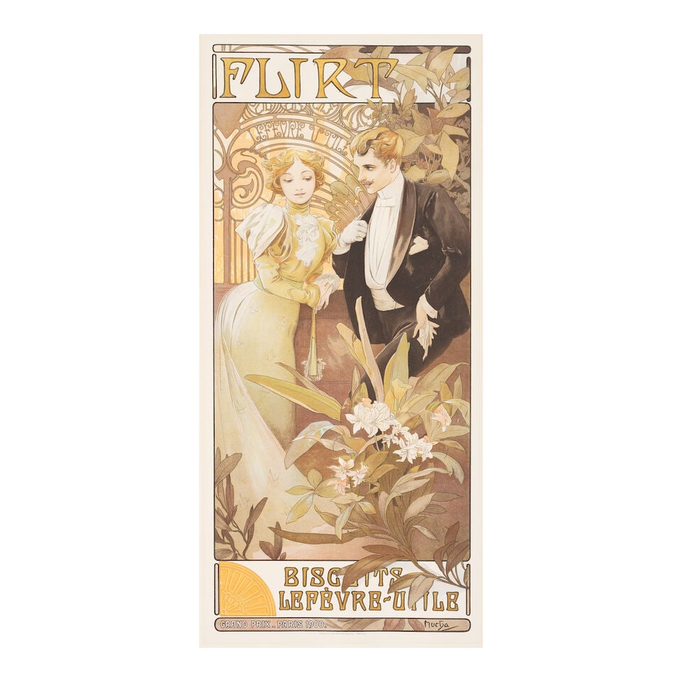 Alphonse Mucha (1860-1939); Flirt Biscuits;: Alphonse Mucha (1860-1939) Flirt Biscuits (Rennert/Weill 72), c. 1899 Lithograph in colors on wove paper linen-backed, printed by F. Champenois, Paris, with margins. 23 1/4 x 10in (59.1 x