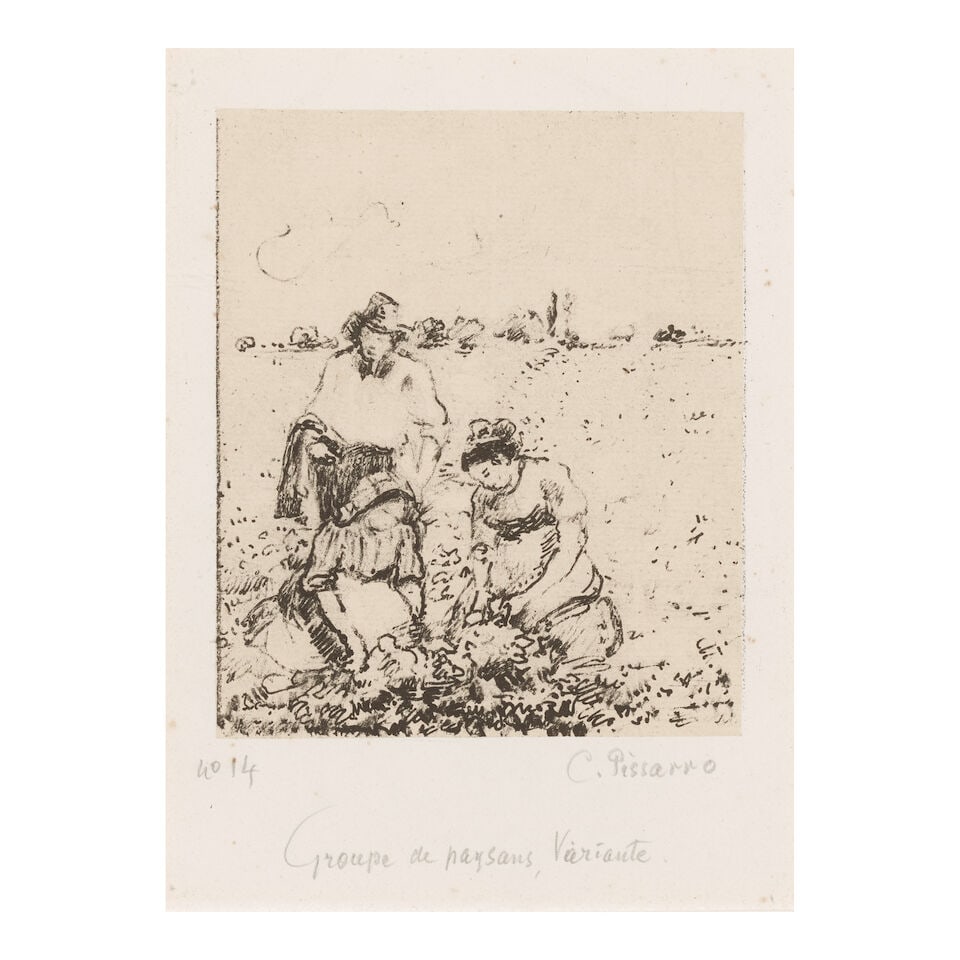 Camille Pissarro (1830-1903); Groupe de Paysans;: Camille Pissarro (1830-1903) Groupe de Paysans (Delteil 189), c. 1899 Lithograph on chine collé Ingres de couleur paper with wove support, signed in pencil, titled and numbered 'No. 14', from the