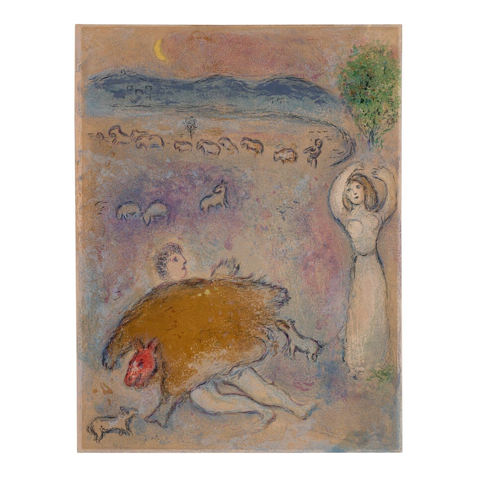 Marc Chagall (1887-1985); La Ruse de Dorcon, from Daphnis et Chloé;: Marc Chagall (1887-1985) La Ruse de Dorcon, from Daphnis et Chloé (Mourlot 317, Cramer bk. 46), 1961 Lithograph in colors on wove paper, from the edition of 250, published/printed by Tériade