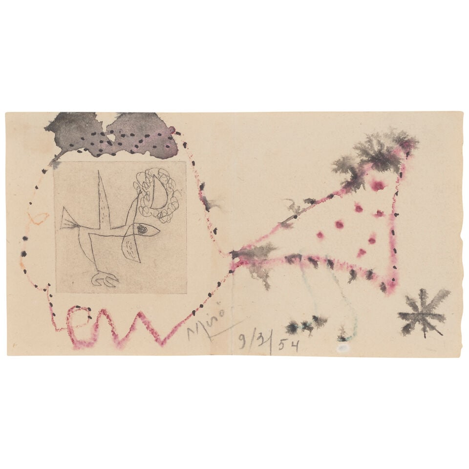Joan Miró (1893-1983); Untitled, from Mon Chemin;: Joan Miró (1893-1983) Untitled, from Mon Chemin (Cramer bk. 29), 1953 Drypoint with unique hand-coloring on Auvergne à la main paper, with central vertical fold (as issued), signed in pencil