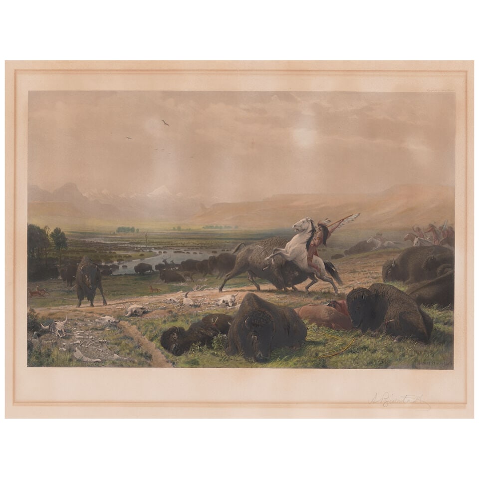 Albert Bierstadt (1830-1902); The Last of the Buffalo;: Albert Bierstadt (1830-1902) The Last of the Buffalo, 1891 Photogravure with hand-coloring on chine collé with wove support, signed in pencil, with margins, framed. 16 1/4 x 27 7/8in (41.3 x 70.8