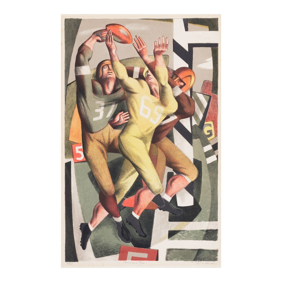 Benton Spruance (1904-1967); Forward Pass;: Benton Spruance (1904-1967) Forward Pass (Fine/Looney 231), 1944 Lithograph in colors on wove paper, signed in pencil, titled and annotated 'Ed 35', printed by Theodore H. Cuno, with margins, framed.