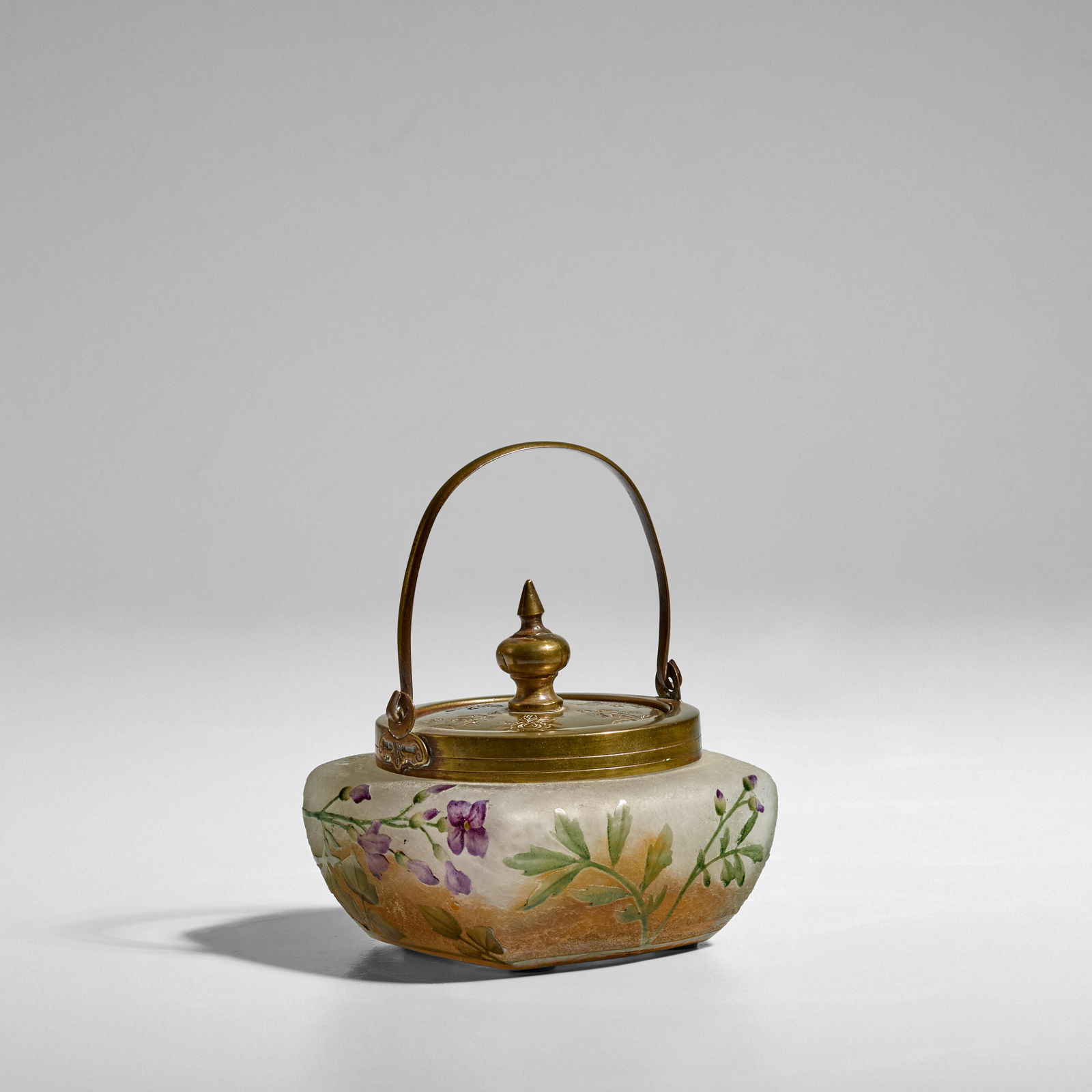 DAUM FRERES (FOUNDED 1825) Sugar Bowl and Covercirca 1900glass, acid-etched and enameled, brass,...: DAUM FRERES (FOUNDED 1825) Sugar Bowl and Cover circa 1900 glass, acid-etched and enameled, brass, acid-etched mark 'DAUM NANCY' with the Cross of Lorraine height 3 1/4in (8.3cm); width 3 1/2in (8.9cm