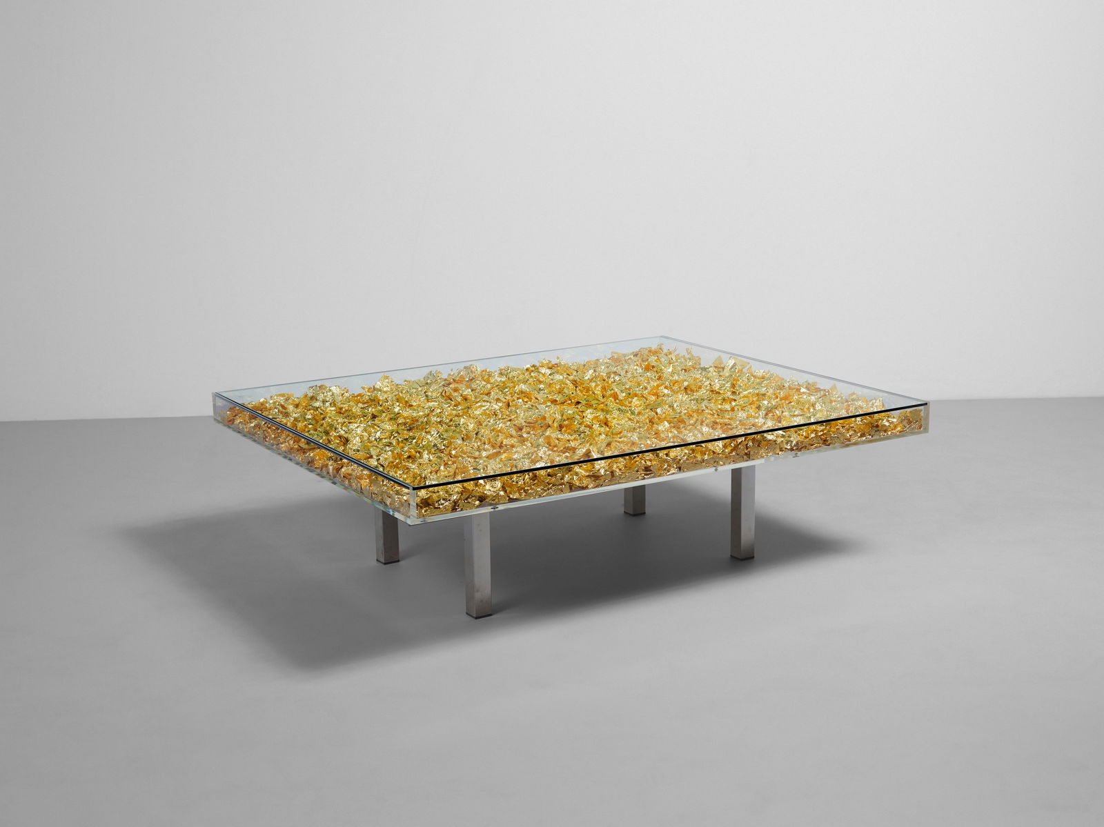 YVES KLEIN (1928-1962) Table d'Or designed 1961gold leaf, Plexiglas, glass, steel, wood, chrome-...: YVES KLEIN (1928-1962) Table d'Or designed 1961 gold leaf, Plexiglas, glass, steel, wood, chrome-plated metal, with a plastic plaque signed 'R. Klein-Moquay,' printed 'This table conforms to Yves Klei