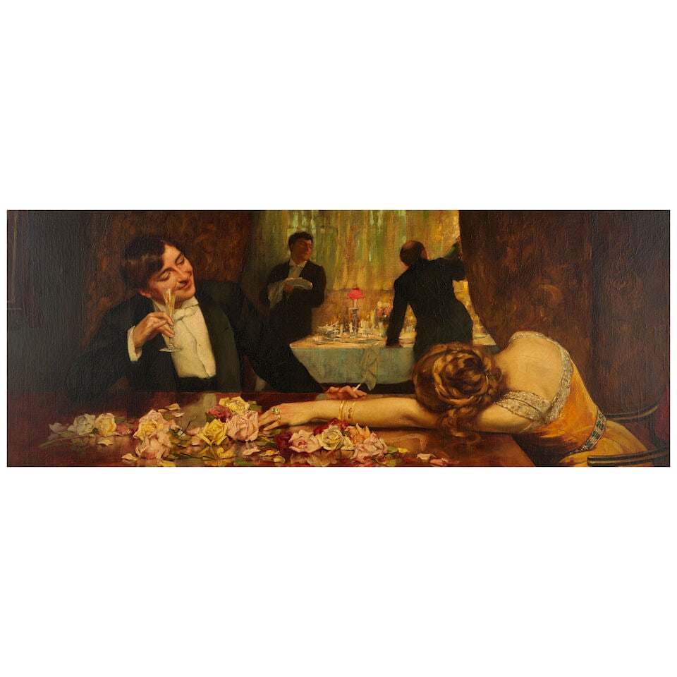 WILLIAM ARTHUR BREAKSPEARE (1855-1914) The End of the Evening: WILLIAM ARTHUR BREAKSPEARE (1855-1914) The End of the Evening signed 'W. A. Breakspeare' (lower left) oil on canvas 16 x 40 in (40.6 x 101.6 cm) Painted circa 1890 Footnotes: Provenance Sale: Christie