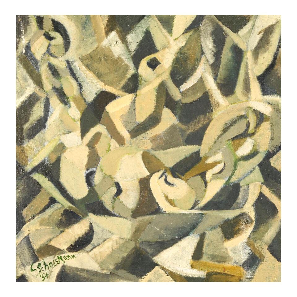 CAROLEE SCHNEEMANN (1939-2019) Gourds: CAROLEE SCHNEEMANN (1939-2019) Gourds signed and dated 'C. Schneemann / '54' (lower left) oil on canvas 15 3/4 x 15 3/4 in (40.0 x 40.0 cm) Painted in 1954 Footnotes: Provenance The Artist. Thence by