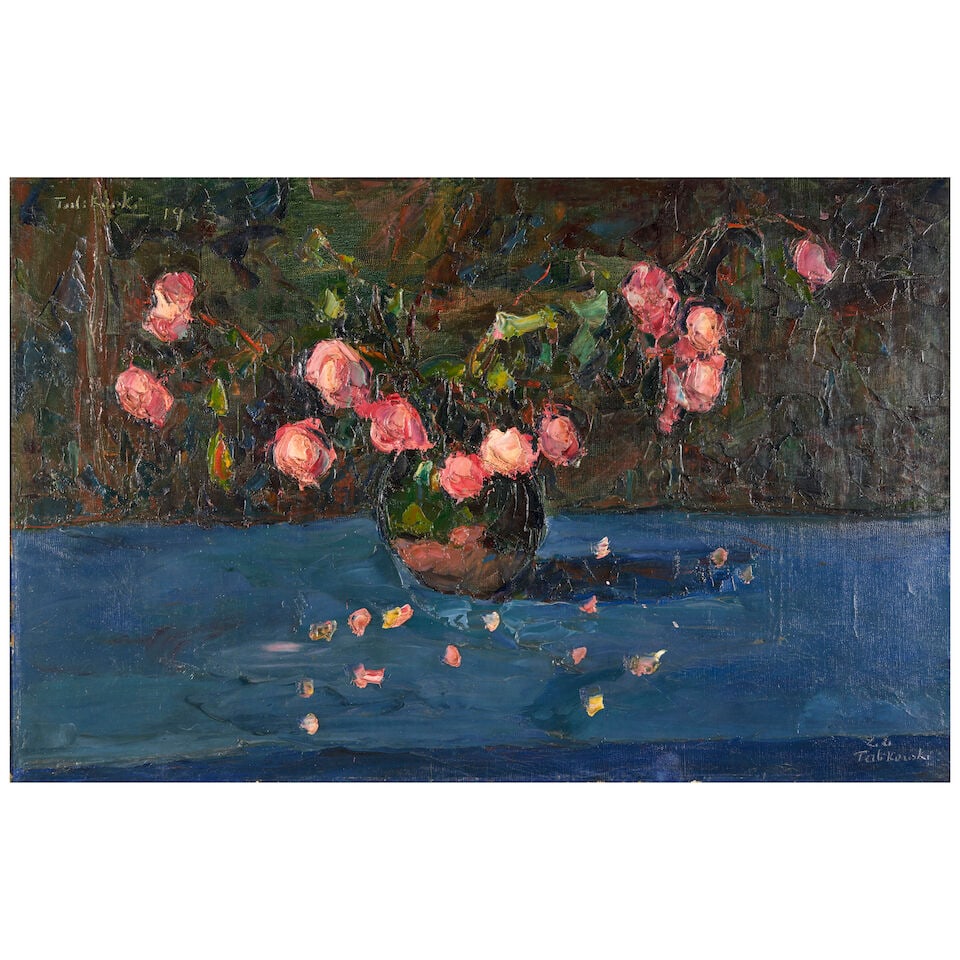 WŁODZIMIERZ TERLIKOWSKI (1873-1951) Fading Pink Roses on Blue Cloth: WŁODZIMIERZ TERLIKOWSKI (1873-1951) Fading Pink Roses on Blue Cloth signed and dated in two places 'Terlikowski 1922' (upper left and lower right) oil on canvas 23 5/8 x 36 1/4 in (60.0 x 92.0