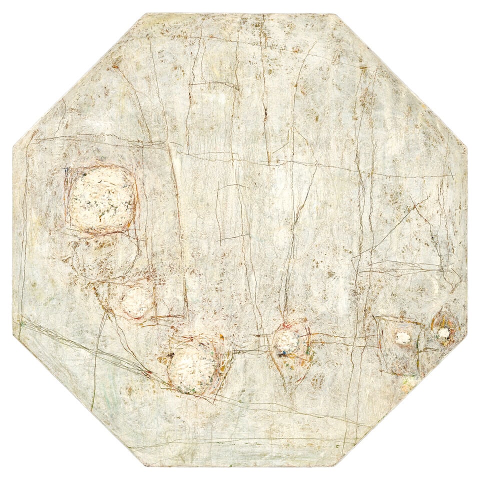 GUILLAUME THEODOR LO-A-NJOE (B. 1937) Ice Age: GUILLAUME THEODOR LO-A-NJOE (B. 1937) Ice Age signed, inscribed and dated '98 / Ice Age / Lo a Njoe' (on the reverse) oil on canvas 59 x 59 in (149.8 x 149.86 cm) Painted in