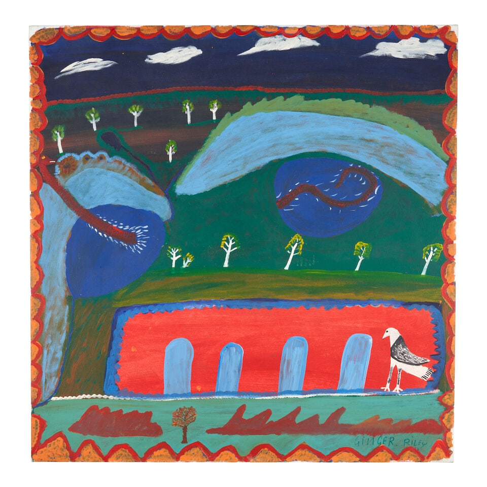 GINGER RILEY MUNDUWALAWALA (C. 1927-2002) Ngak Ngak and the four archers: GINGER RILEY MUNDUWALAWALA (C. 1927-2002) Ngak Ngak and the four archers signed 'Ginger Riley' (lower right) polymer on canvas 35 x 34 in (88.9 x 86.3 cm) Painted in