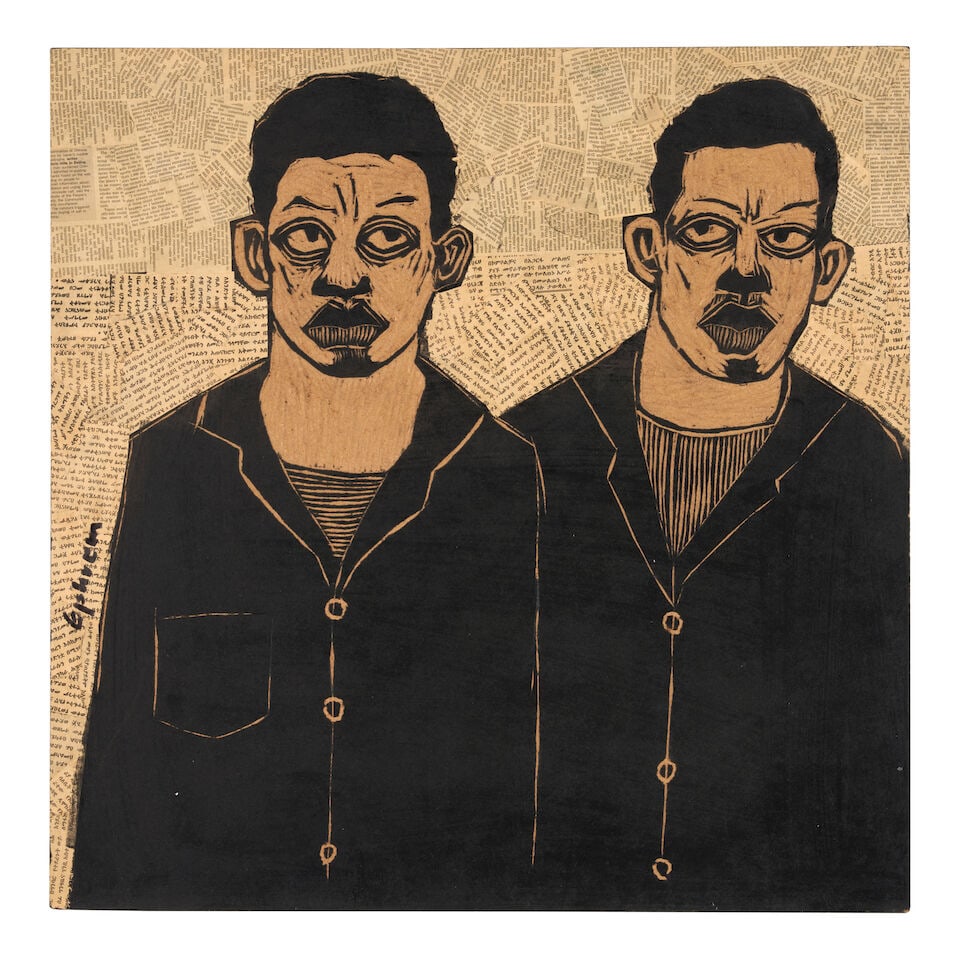 EPHREM SOLOMON (B. 1983) The Two Gamblers: EPHREM SOLOMON (B. 1983) The Two Gamblers signed 'Ephrem' (along the left edge); signed, inscribed and dated 'Ephrem Solomon / The Two Gamblers / 2013' (on the reverse) oil and found paper collage on