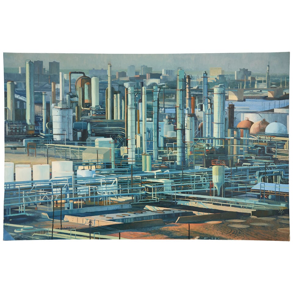 DAVID C. LEONARD (B. 1962) City of Industry: DAVID C. LEONARD (B. 1962) City of Industry signed and dated '9/96 - 9/97 / David C Leonard' (on the reverse) oil on canvas 38 1/2 x 58 in (97.8 x 147.3 cm) Painted circa
