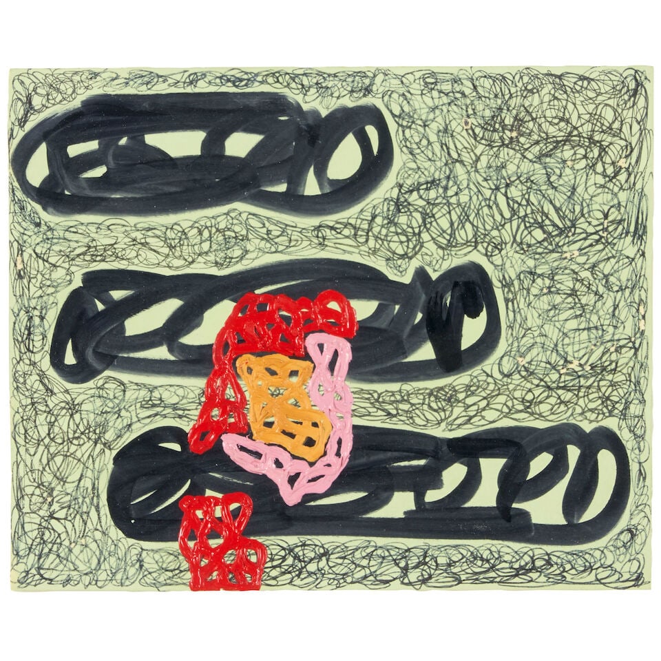 JONATHAN LASKER (B. 1948) Untitled (study): JONATHAN LASKER (B. 1948) Untitled (study) signed and dated 'Jonathan Lasker / 1991' (on the reverse) ballpoint pen, marker, and oil on paper 4 4 3/4 x 5 7/8 in (12.1 x 15.0 cm) Executed in