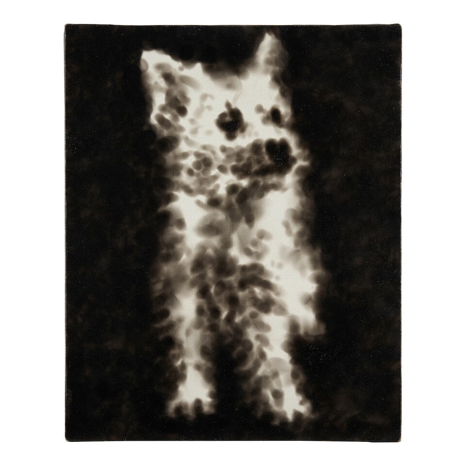 JIRÍ GEORG DOKOUPIL (B. 1954) One Dog: JIRÍ GEORG DOKOUPIL (B. 1954) One Dog signed and dated 'Dokoupil / 1990' (on the reverse) candle soot on canvas 16 1/8 x 13 in (41.0 x 33.0 cm) Executed in