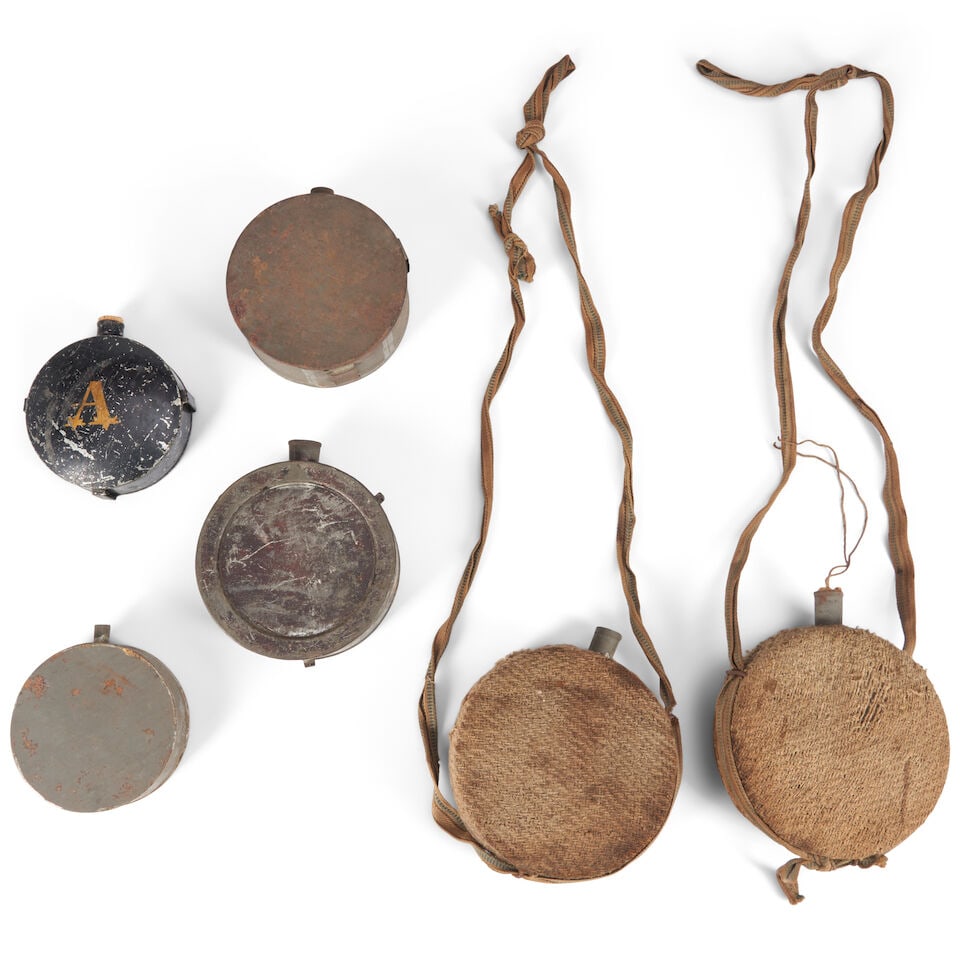 SIX 19TH CENTURY TIN DRUM CANTEENS. (1 of 2)