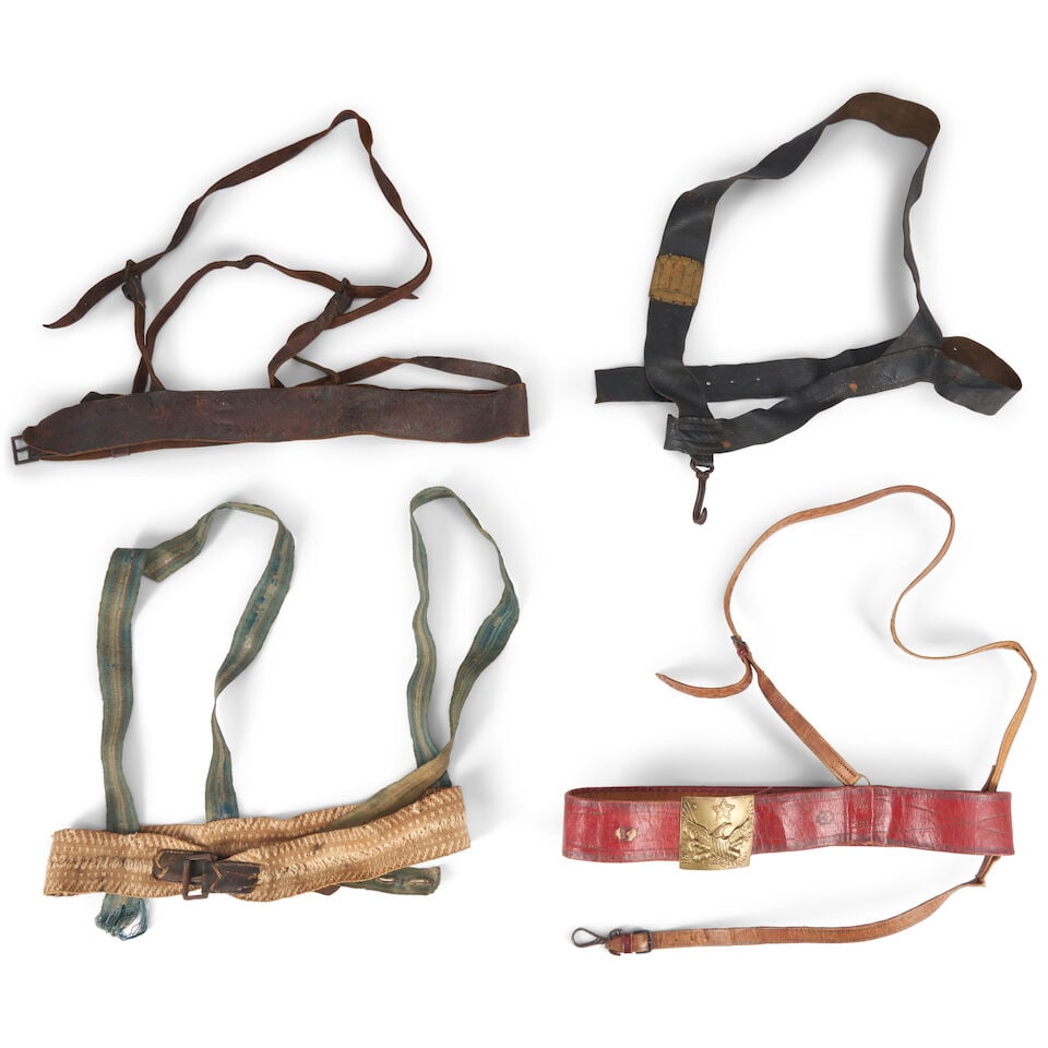 FOUR 19TH CENTURY AMERICAN MILITIA SWORD/WAIST BELTS.: FOUR 19TH CENTURY AMERICAN MILITIA SWORD/WAIST BELTS. Including a red Morocco belt with an eagle plate; a leather belt with shoulder strap; a woven cloth belt with shoulder straps; and a drum belt