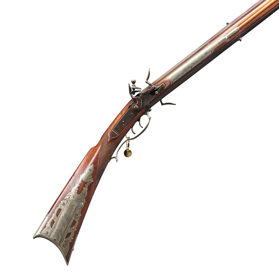 A HENRY GIBBS SWIVEL BREECH DOUBLE BARREL FLINTLOCK RIFLE, (1 of 8)