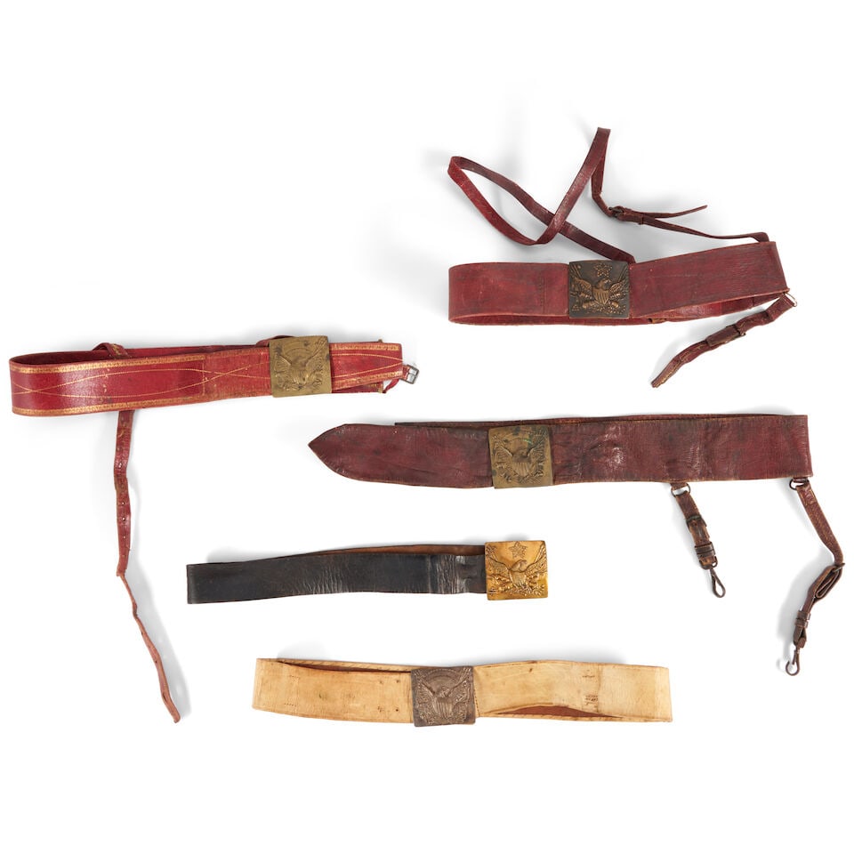 FIVE EARLY 19TH CENTURY AMERICAN MILITIA BELTS AND BUCKLES. (1 of 2)