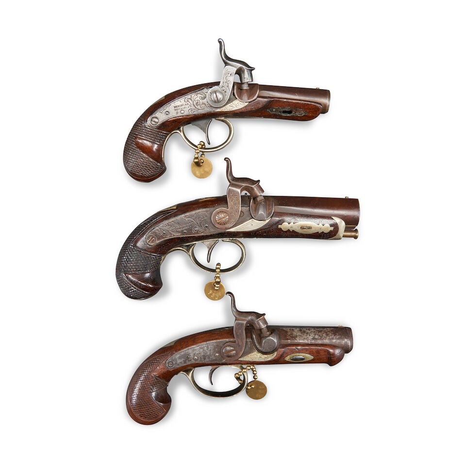 THREE PERCUSSION DERRINGER PISTOLS, (1 of 2)