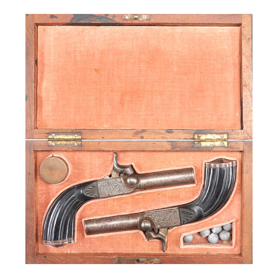A CASED PAIR OF FRENCH PERCUSSION POCKET PISTOLS, (1 of 3)