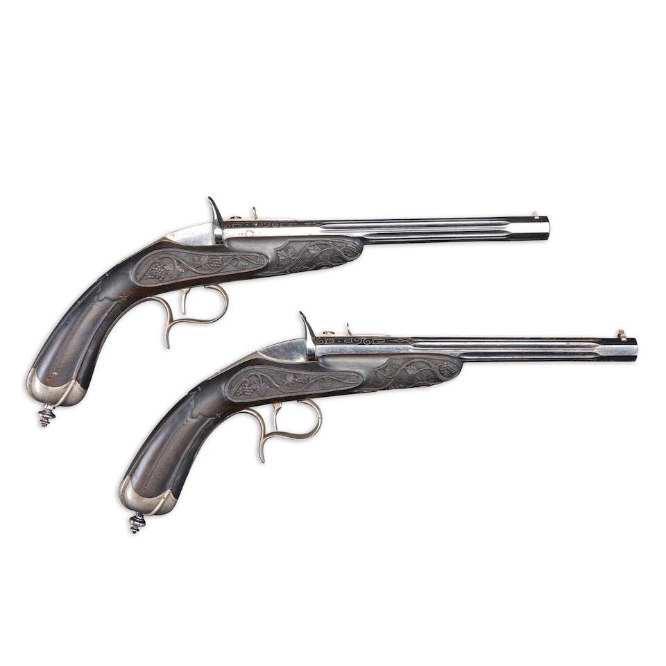 A CASED PAIR OF BELGIAN SINGLE SHOT PISTOLS, (1 of 4)