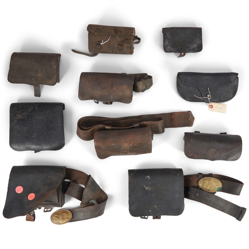 NINE 19TH CENTURY LEATHER CARTRIDGE BOXES/POUCHES AND RELATED ITEMS. (1 of 2)