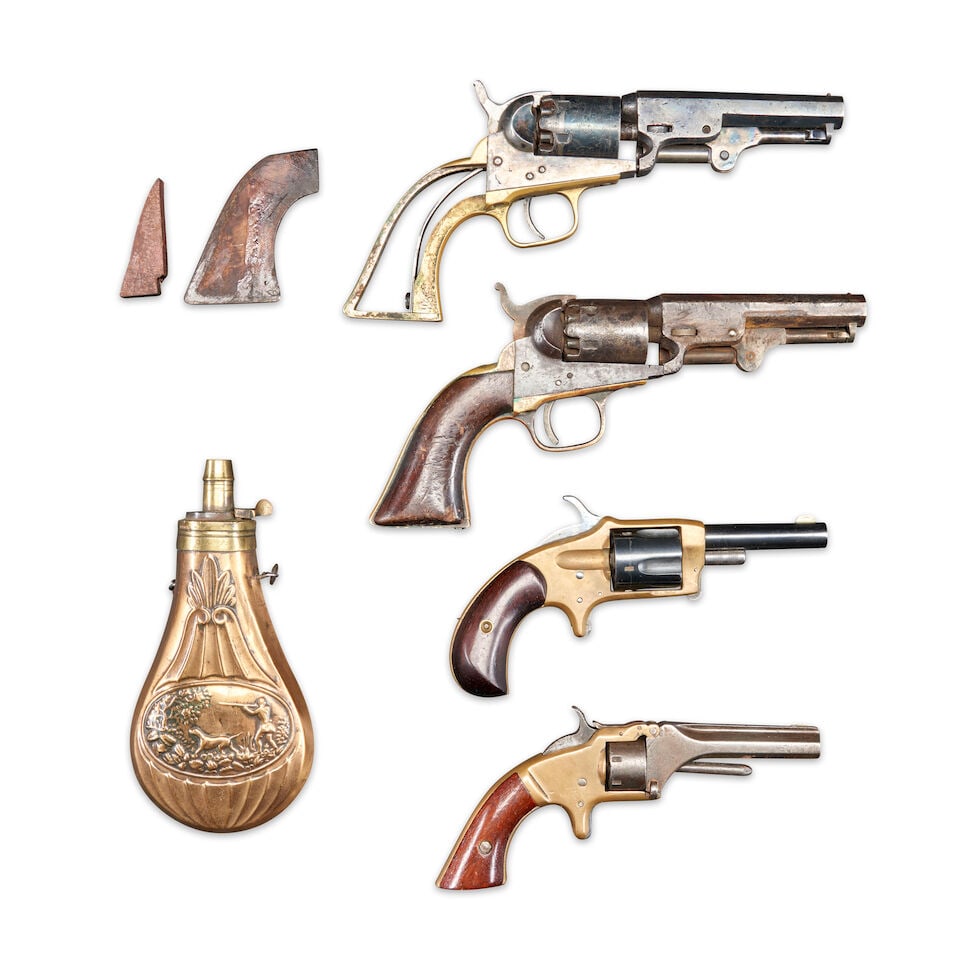 FOUR 19TH CENTURY REVOLVERS AND A FLASK. (1 of 2)
