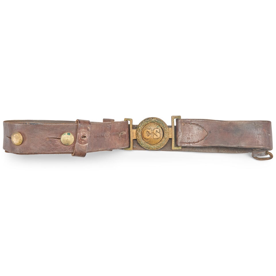A CIVIL WAR TWO PIECE 'CS' SWORD BELT BUCKLE AND ORIGINAL LEATHER BELT. (1 of 5)