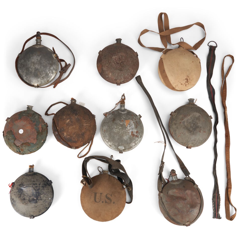 NINE MODEL 1858 AND ONE MODEL 1878 CANTEEN.: NINE MODEL 1858 AND ONE MODEL 1878 CANTEEN. Most without covers and with dents or other defects. For further information on this lot please visit Bonhams.com For further information about this