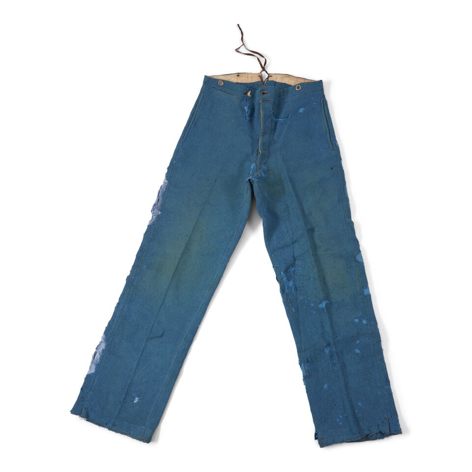 A PAIR OF CIVIL WAR SKY BLUE KERSEY TROUSERS.: A PAIR OF CIVIL WAR SKY BLUE KERSEY TROUSERS. The trousers with side pocket, a waistband pocket and tinned iron buttons. Overall lg. 40 in. For further information on this lot please visit Bonhams.com