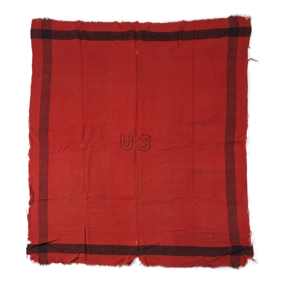 A FEDERAL CIVIL WAR ARTILLERY BLANKET.: A FEDERAL CIVIL WAR ARTILLERY BLANKET. Twill woven from coarse red wool, selvedge on the sides, raw on the ends, the sides and ends with a 2 3/4-in. black stripe, the center with embroidered 'US'. Lg.