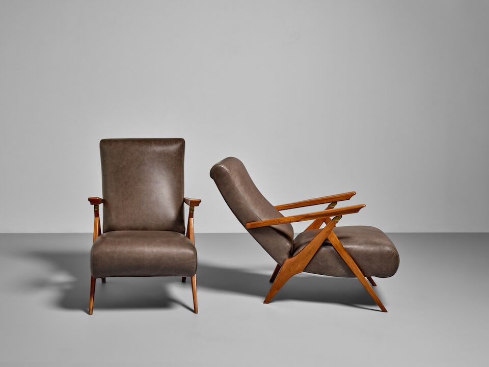 Pair Of Antonio Gorgone Mid-century Modern Adjustable Armchairs, Italy, c. 1950, walnut, brass, ... - 3