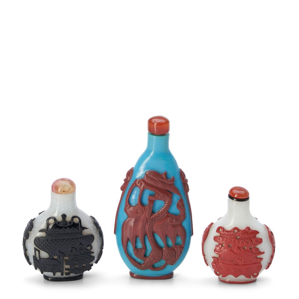 Three Glass Overlay Snuff Bottles, China, (3) (1 of 2)