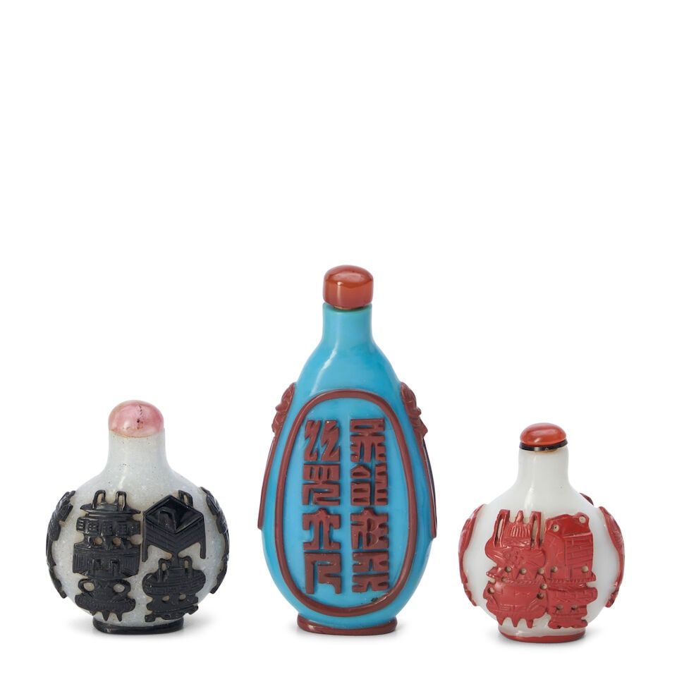 Three Glass Overlay Snuff Bottles, China, (3) - 2