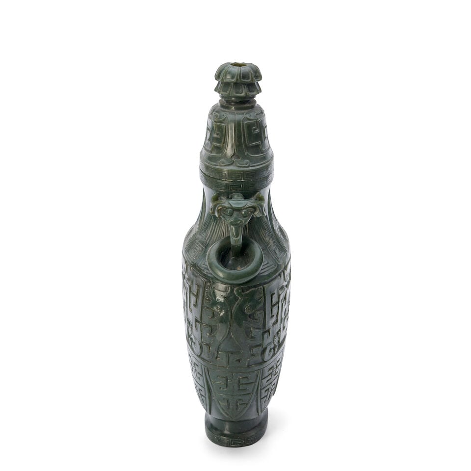 A Spinach Jadeite Covered Vase with Archaistic Motifs China, 19th/20th century, - 2