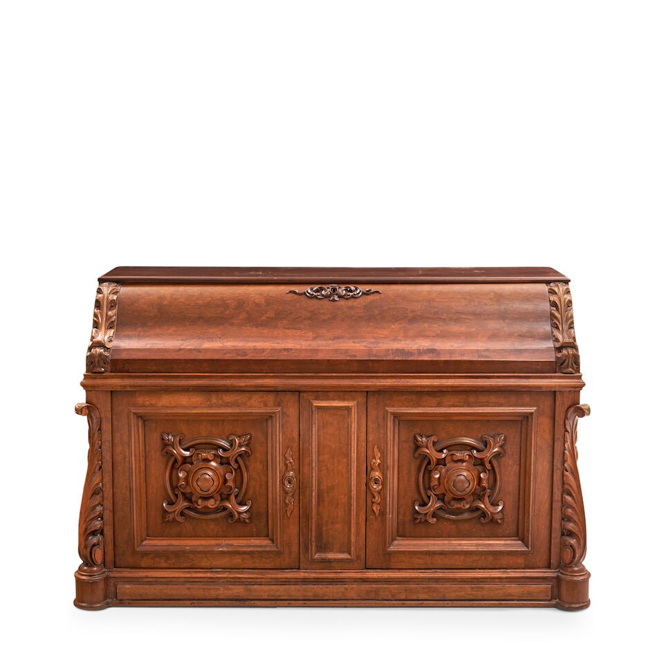 Burlwood-Veneered and Walnut Fall-Front Desk, late 19th century, (1 of 3)