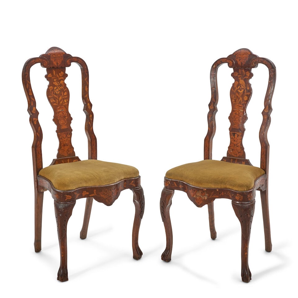 Pair of Dutch Marquetry Chairs, Possibly 19th century, - 2