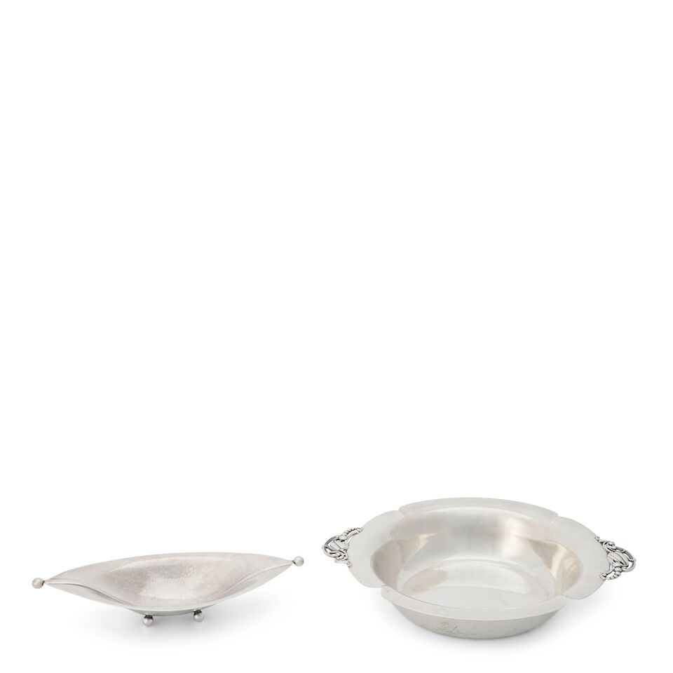 Sterling Silver Two-handled Bowl and Silverplate Dish,: Sterling Silver Two-handled Bowl and Silverplate Dish, the dish by Webster, mid-20th century, with a lobed rim, sided by two cast handles, 10 in. from handle to handle; the silverplate dish from