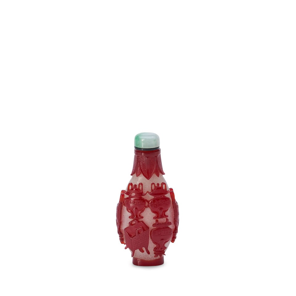 A Red Overlay Glass 'Hundred Antiques' Snuff Bottle, China, - 2