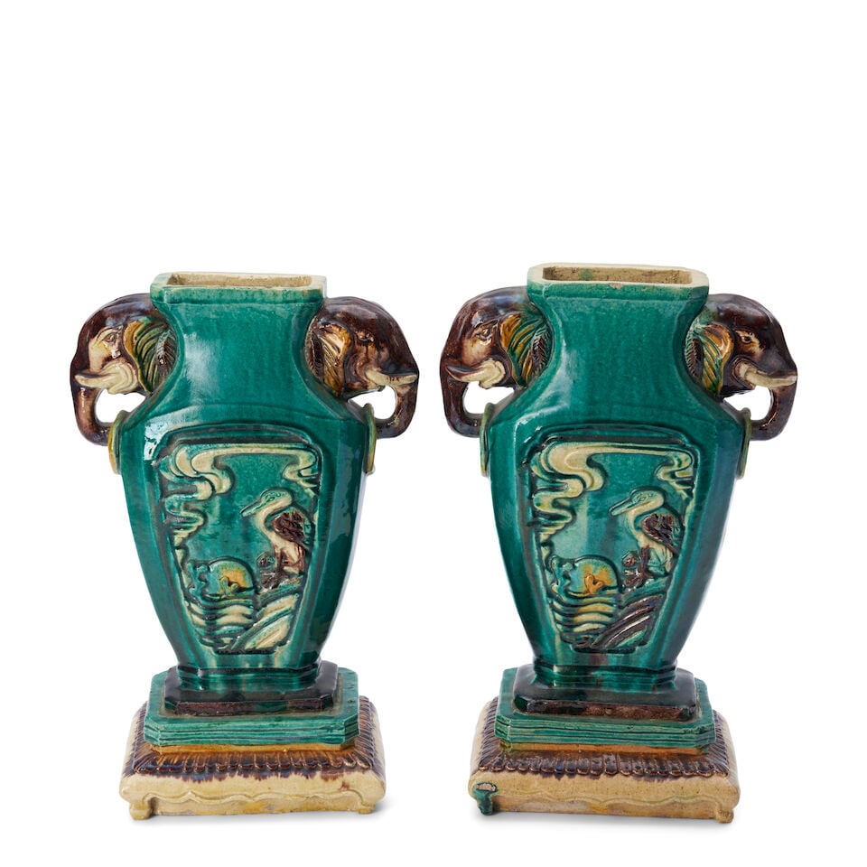 A Pair of Fahua Style Elephant-handle Vases China, - 2