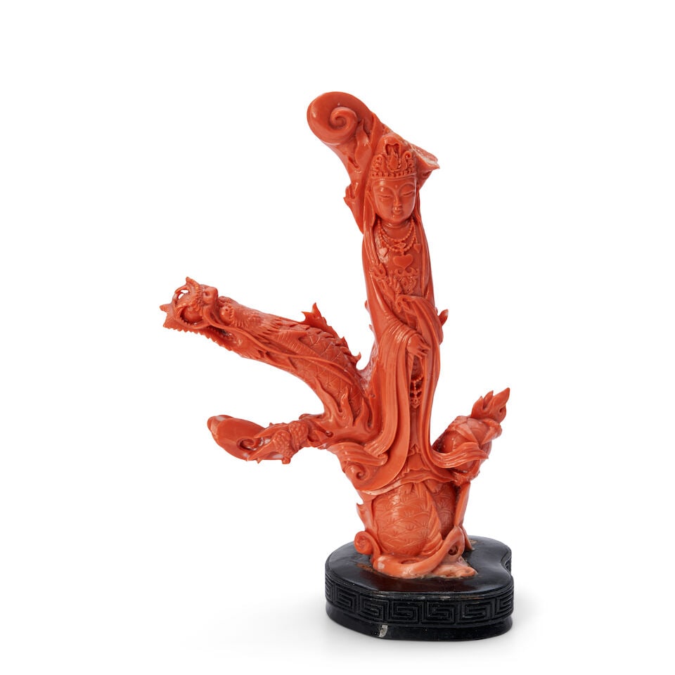 A Coral Carving Of Guanyin And Dragon, China, 20th century, (1 of 2)
