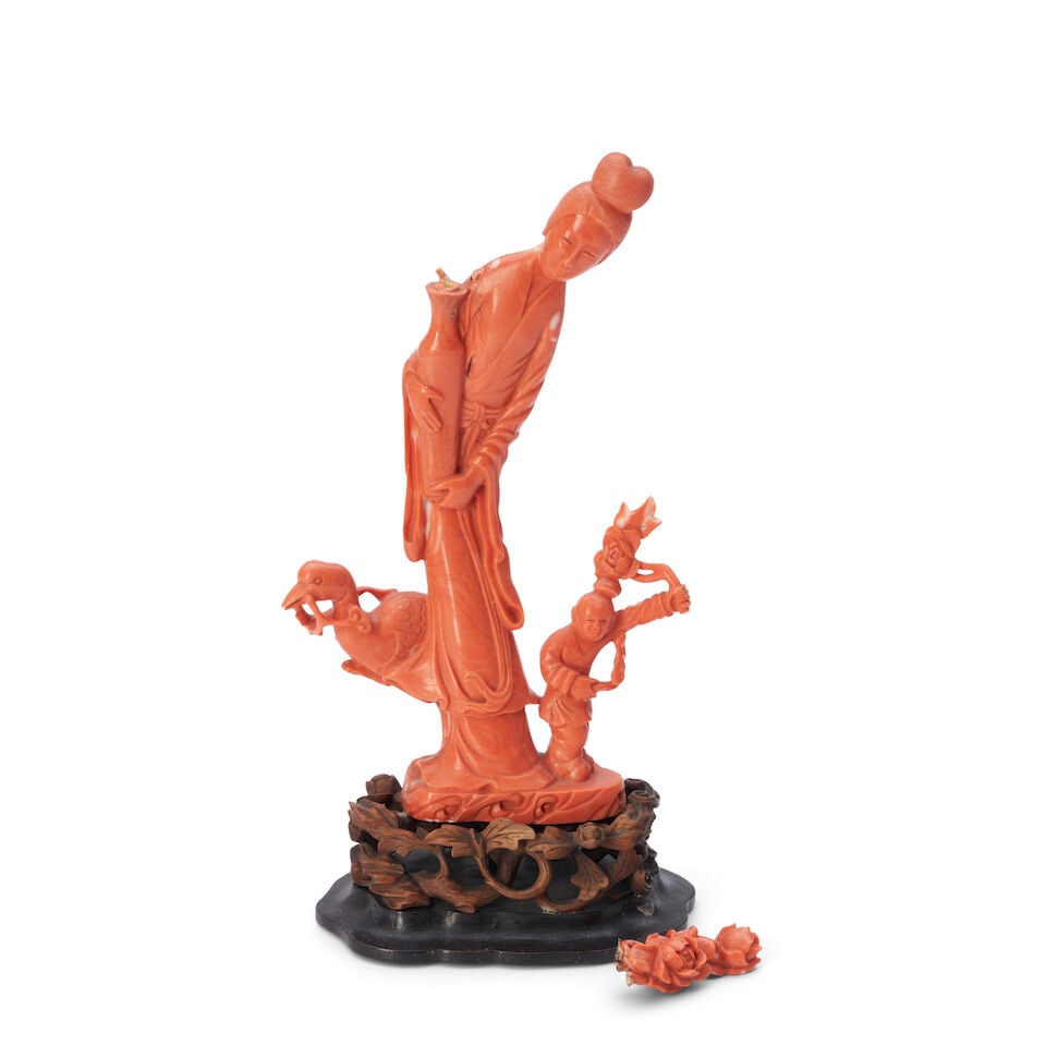 A Coral Figure of a Woman Holding a Vase China, 20th century, (1 of 2)