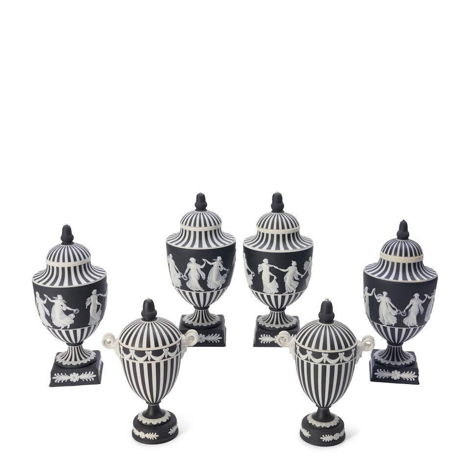 Six Wedgwood Engine Turned Black Jasper Dip Vases, England, 20th century, (1 of 1)