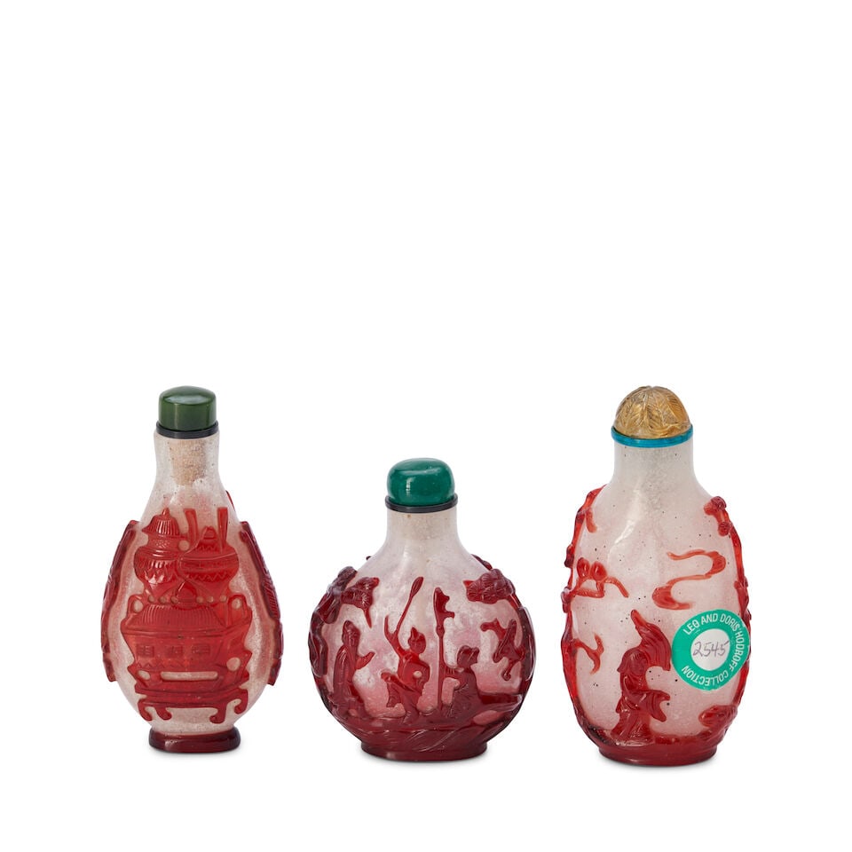Three Red Overlay Glass Snuff Bottles, China, (3) - 2