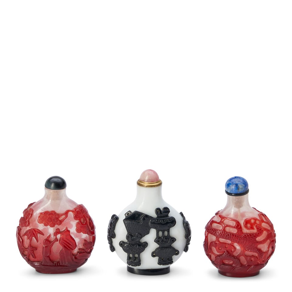 Three Overlay Glass Snuff Bottles, China, (3) - 2